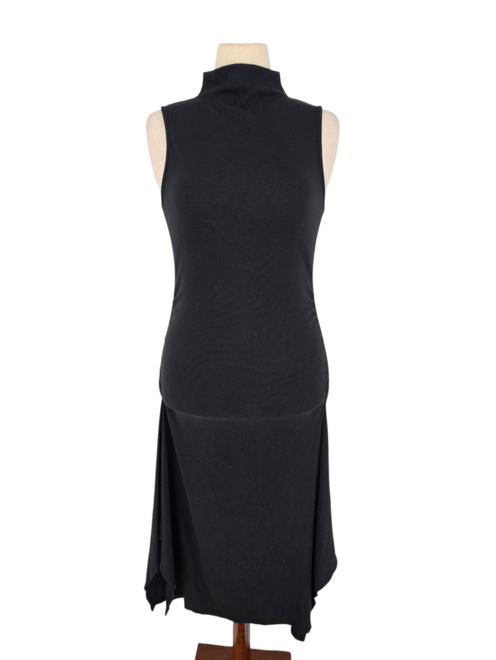 Michael Stars Midi Dress MP Black Mock Neck Ruched Asymmetrical Ribbed